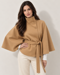 Avery & Mercer model wearing khaki belted cape jacket, front view