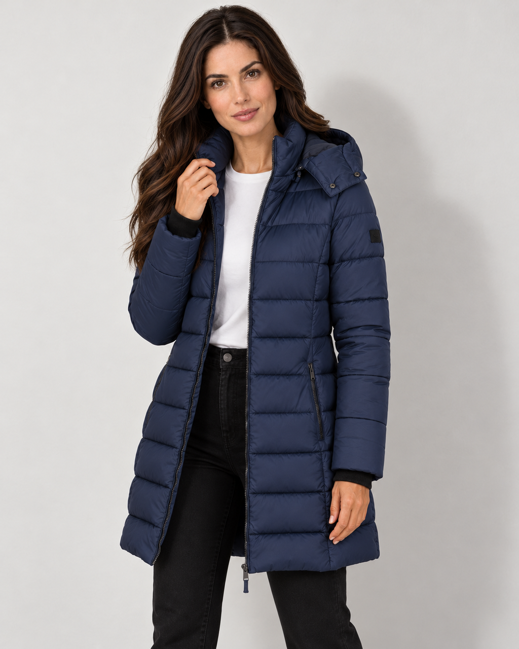 Avery & Mercer model wearing navy hooded puffer front