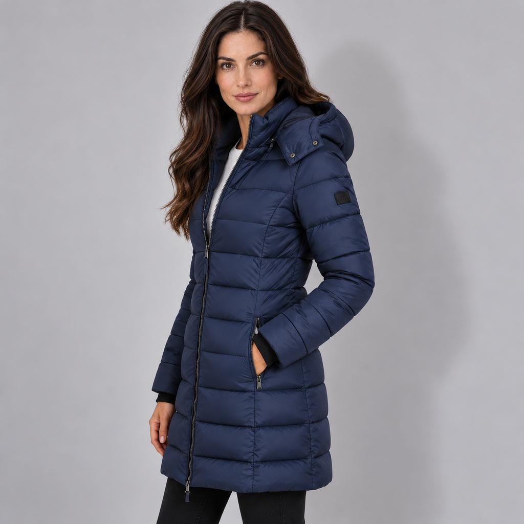 Avery & Mercer model wearing navy hooded puffer side zipped