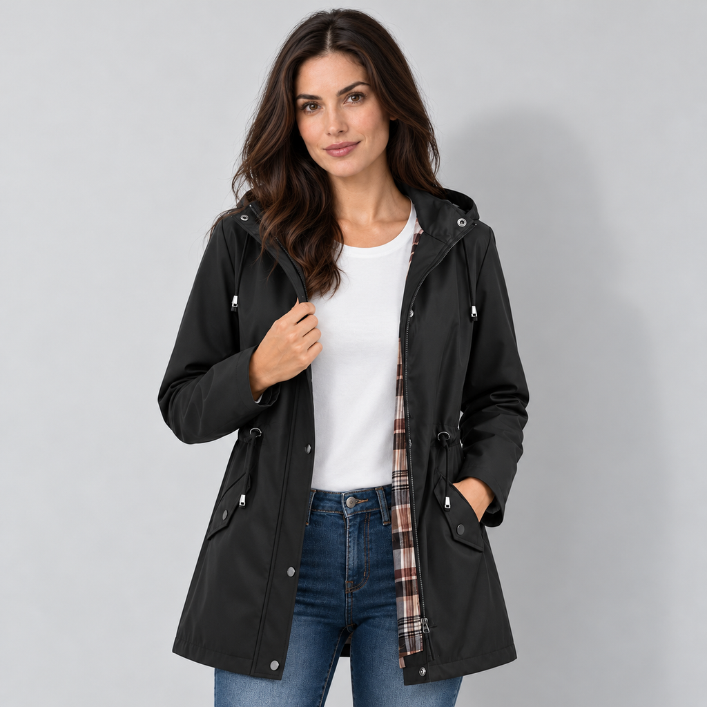 Women's Hooded Check-Lined Drawstring Raincoat in Black, front view on Avery & Mercer model