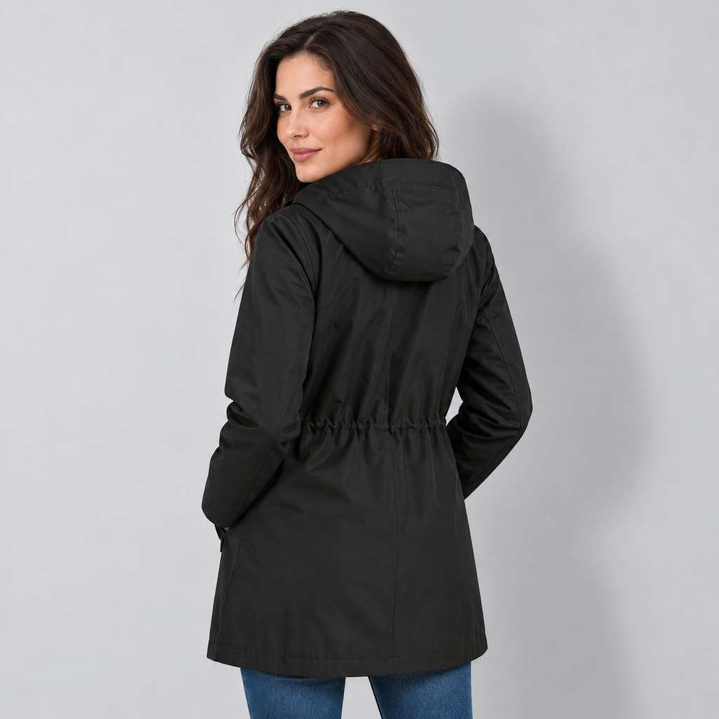 Women's Hooded Check-Lined Drawstring Raincoat in Black, rear view on Avery & Mercer model