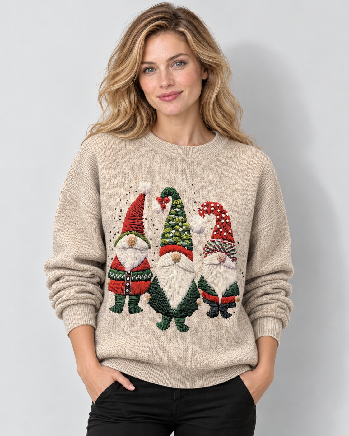 Women's Christmas Gnome Motif Crewneck Sweater in Beige, front view on Avery & Mercer model