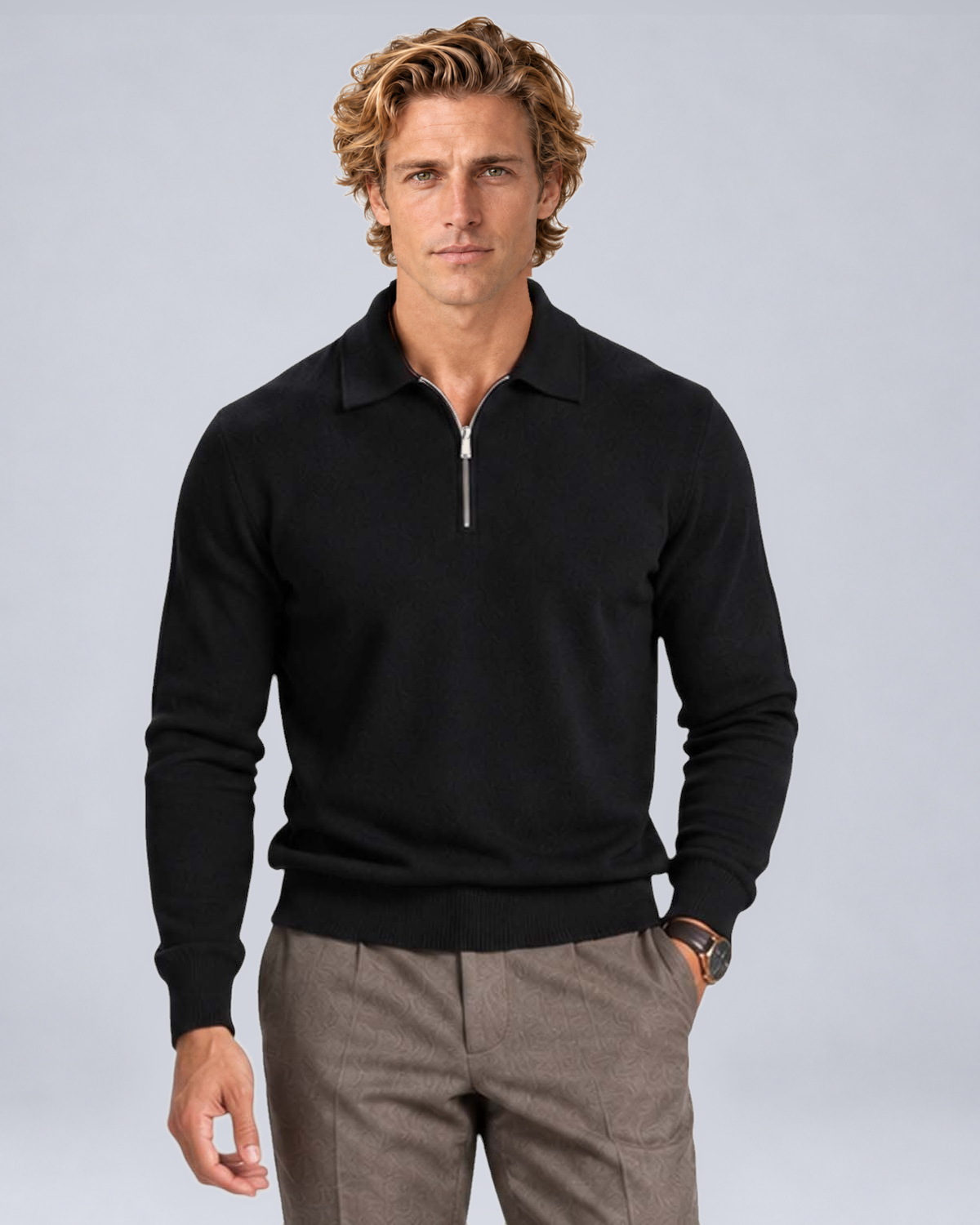 Men's Wool-Blend Quarter-Zip Polo Sweater in Black