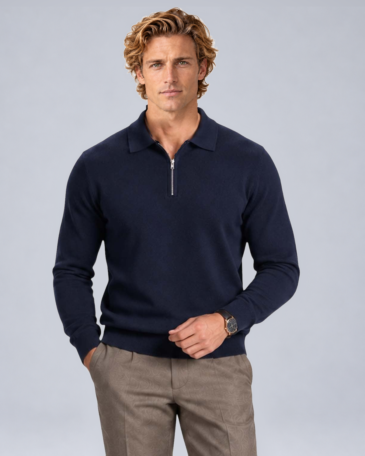 Men's Wool-Blend Quarter-Zip Polo Sweater in Navy