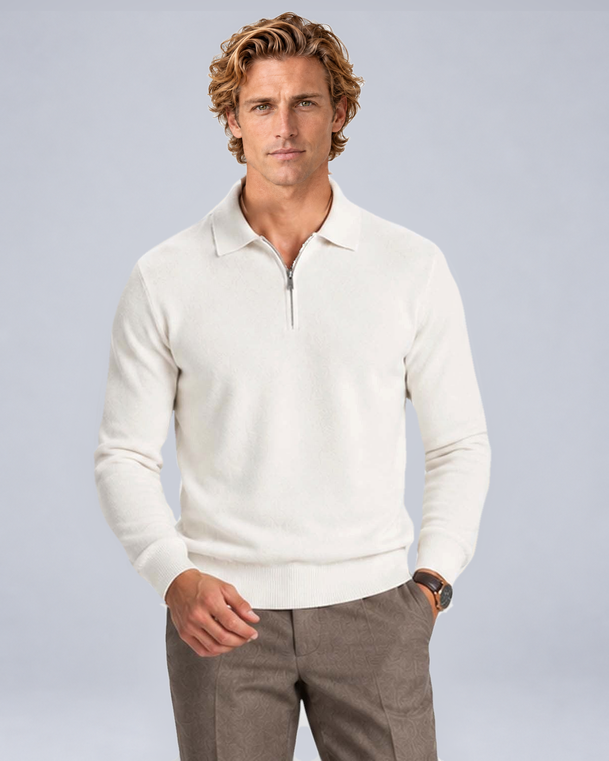Men's Wool-Blend Quarter-Zip Polo Sweater in White