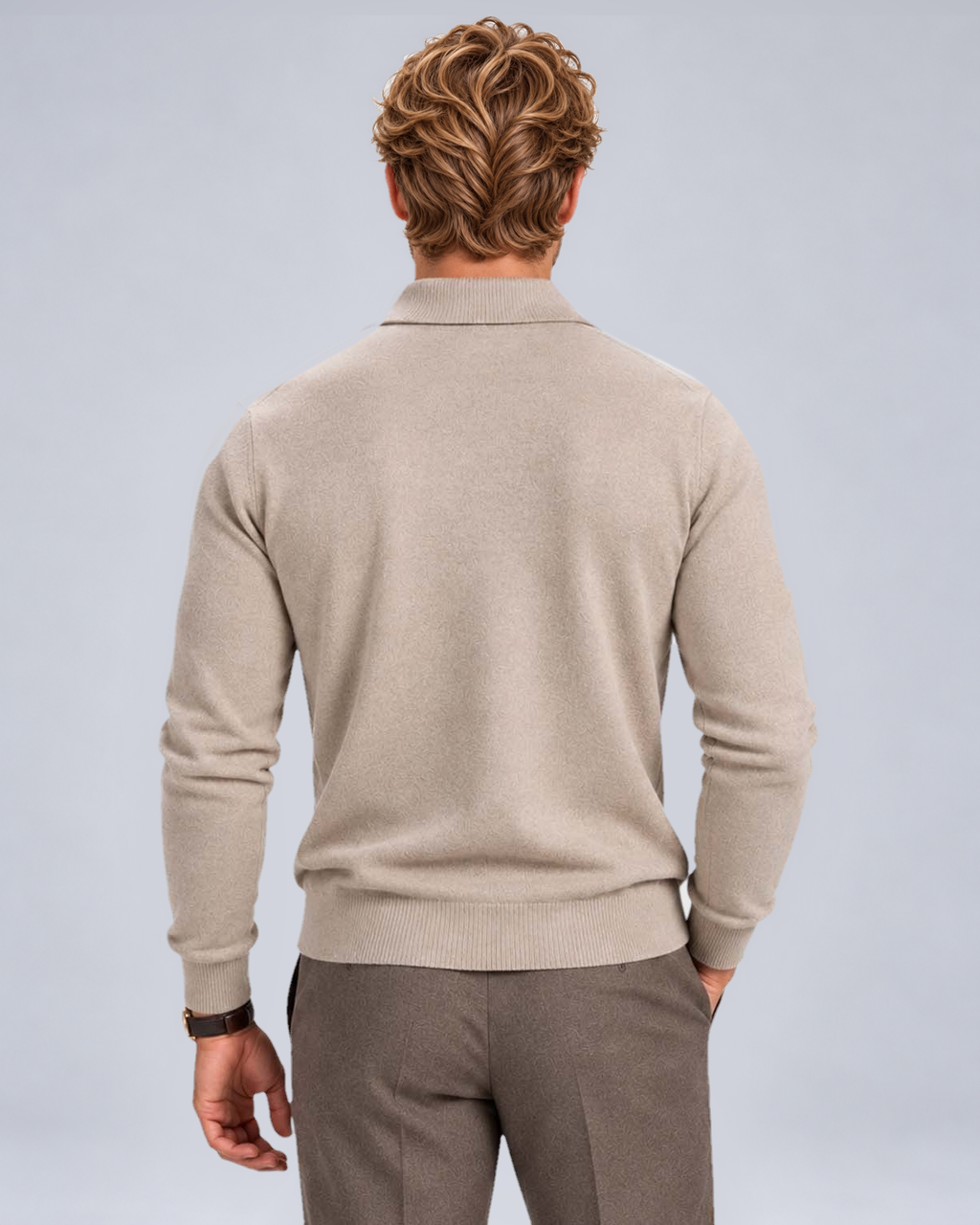 Men's Wool-Blend Quarter-Zip Polo Sweater in Beige - rear view