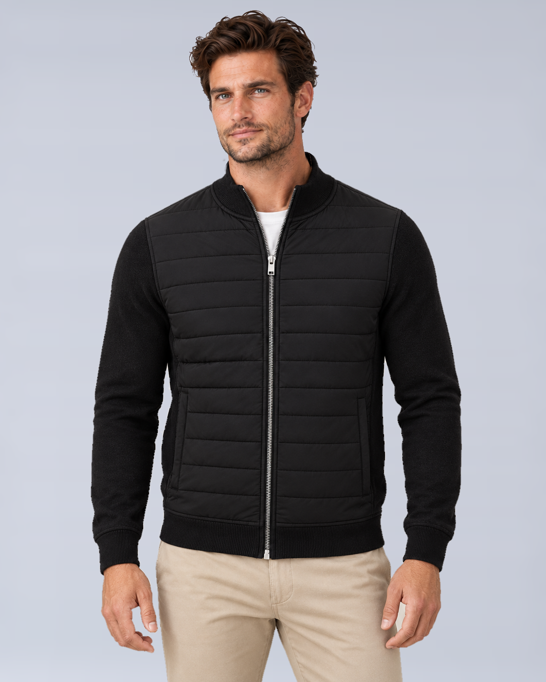 Men's Hybrid Quilted Jacket with Knit Sleeves in Black