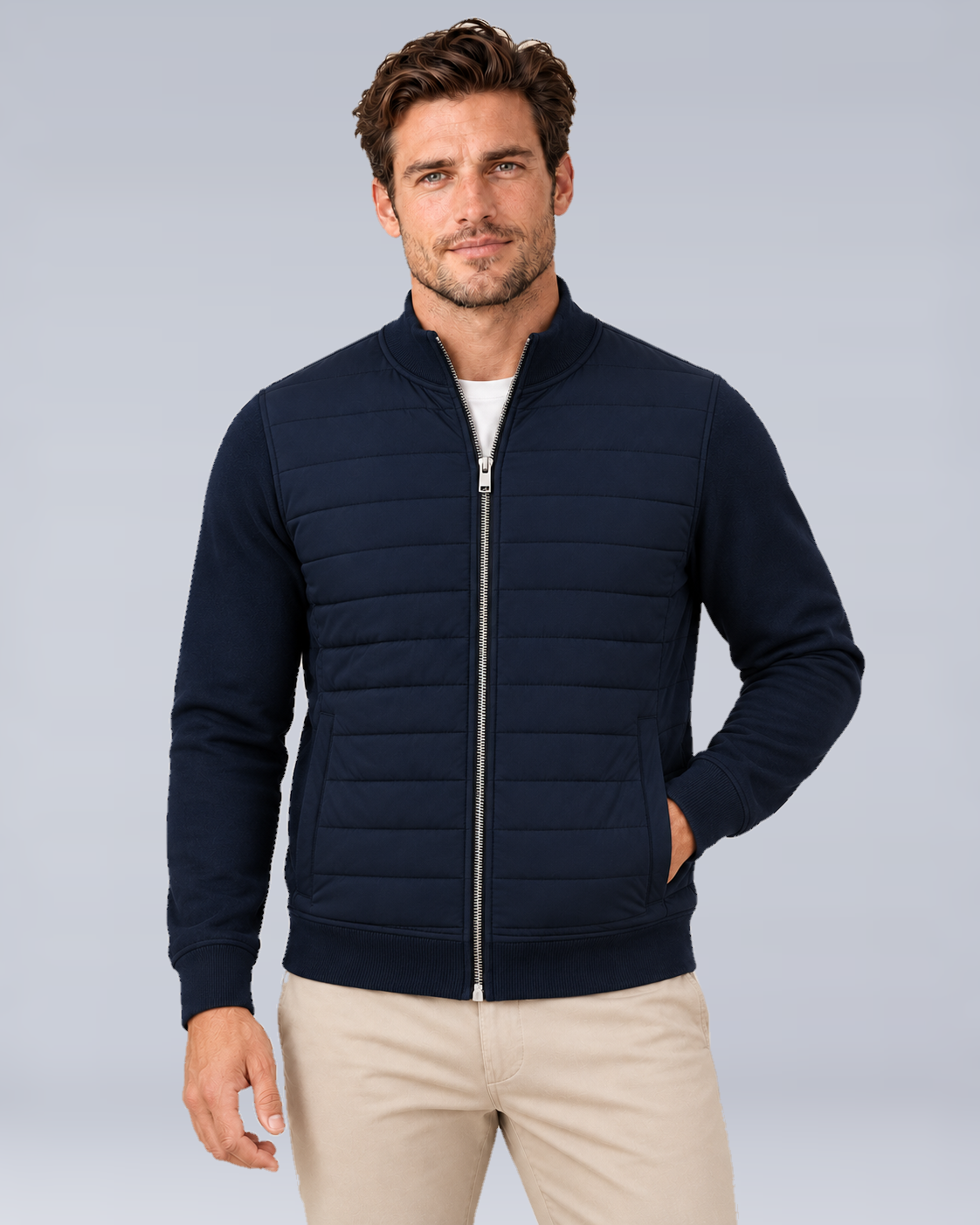 Men's Hybrid Quilted Jacket with Knit Sleeves - Navy