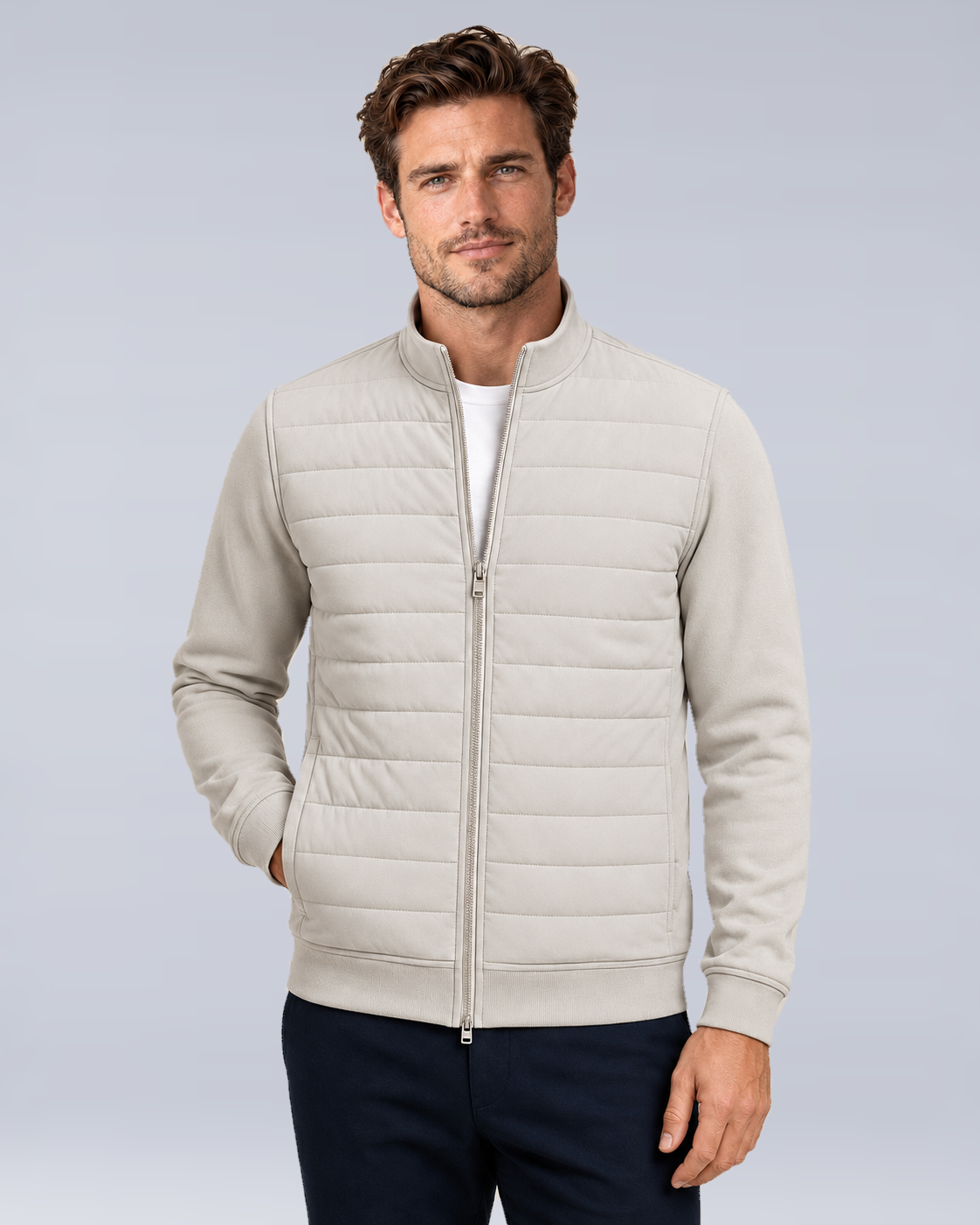 Men's Hybrid Quilted Jacket with Knit Sleeves in Light Gray