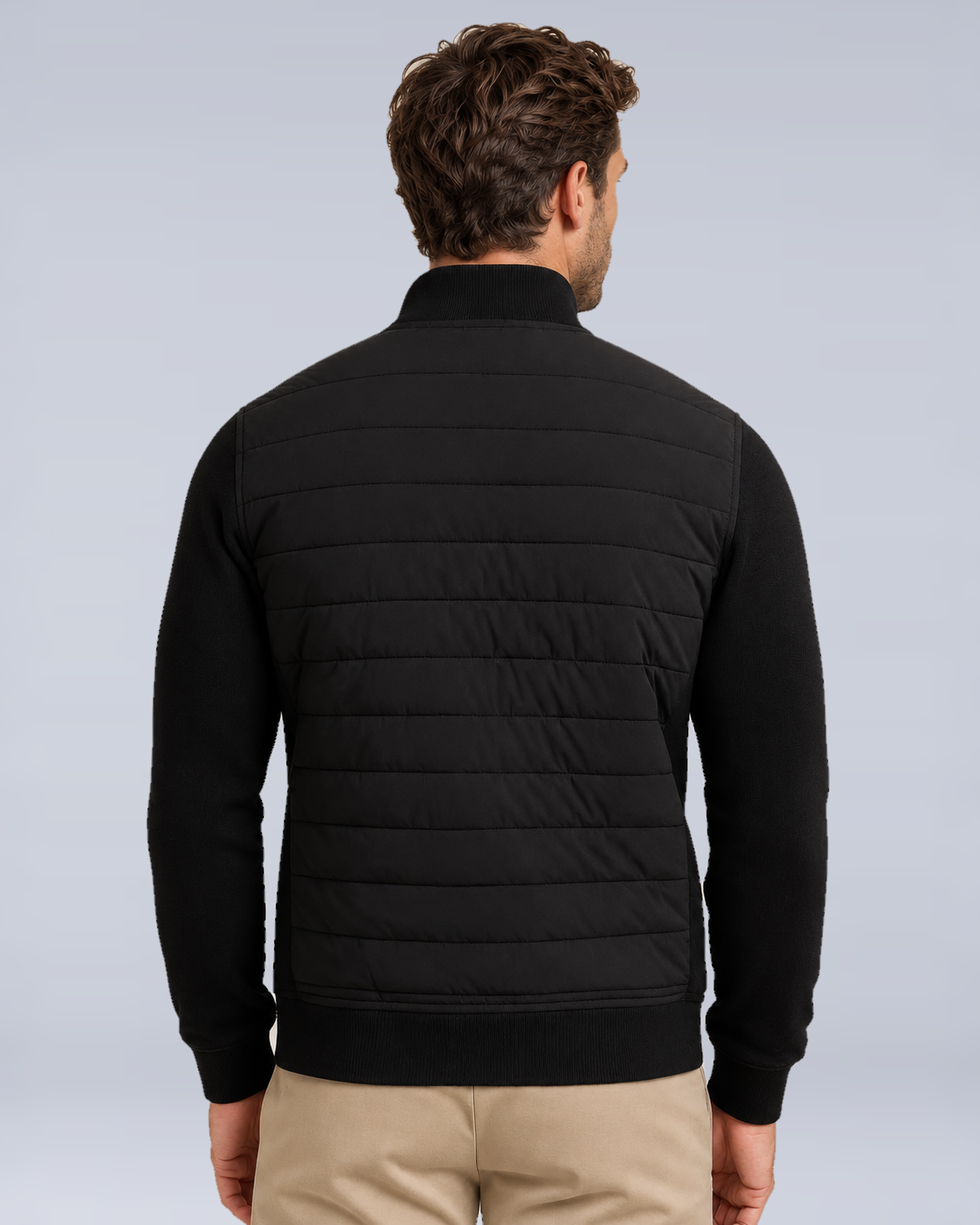 Men's Hybrid Quilted Jacket with Knit Sleeves in Black - rear view