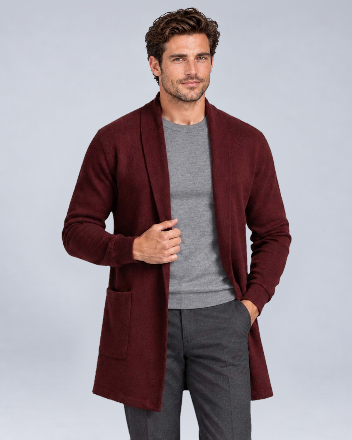 Men's Open-Front Longline Knit Cardigan in Burgundy