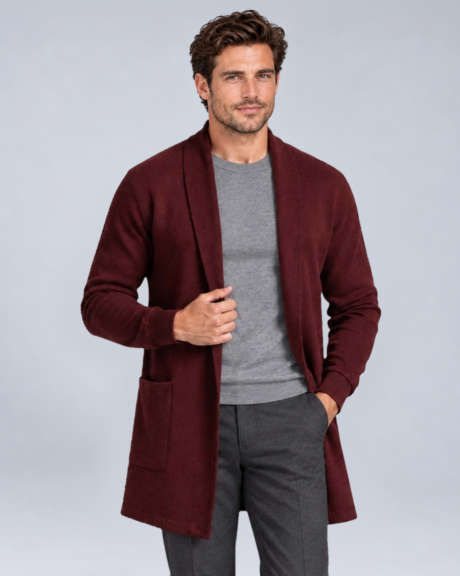 Men's Open-Front Longline Knit Cardigan in Burgundy