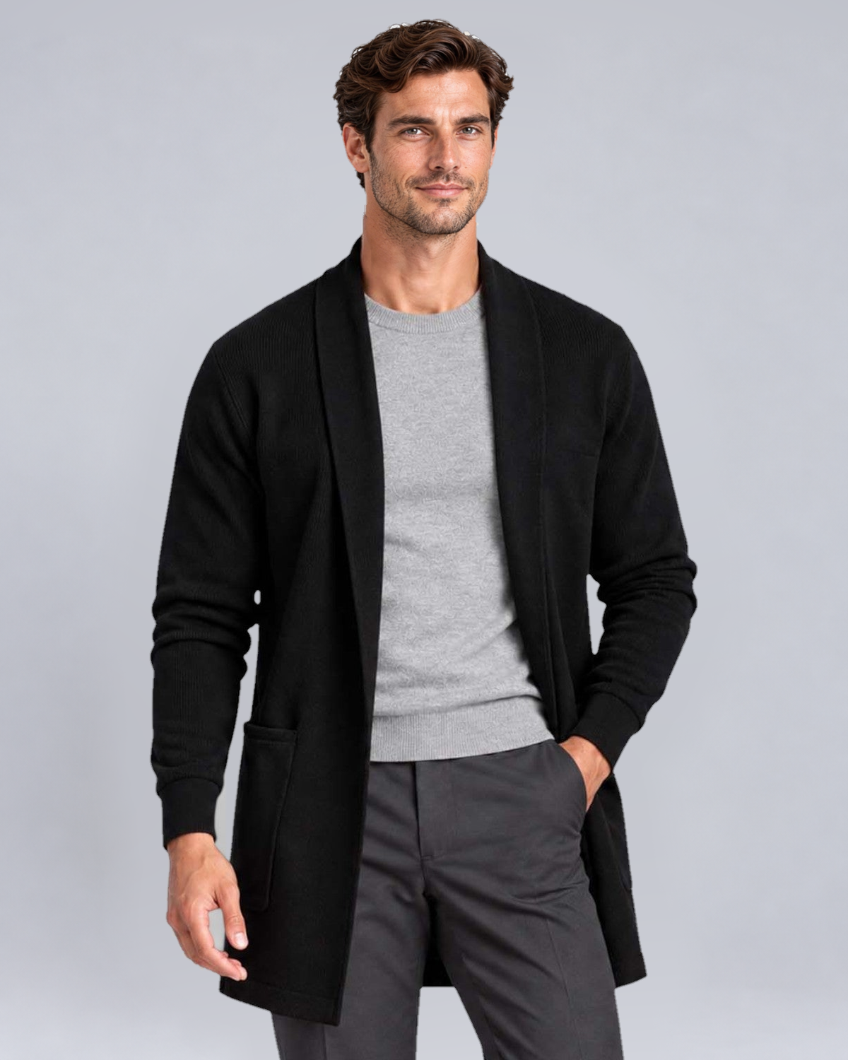 Men's Open-Front Longline Knit Cardigan in Black