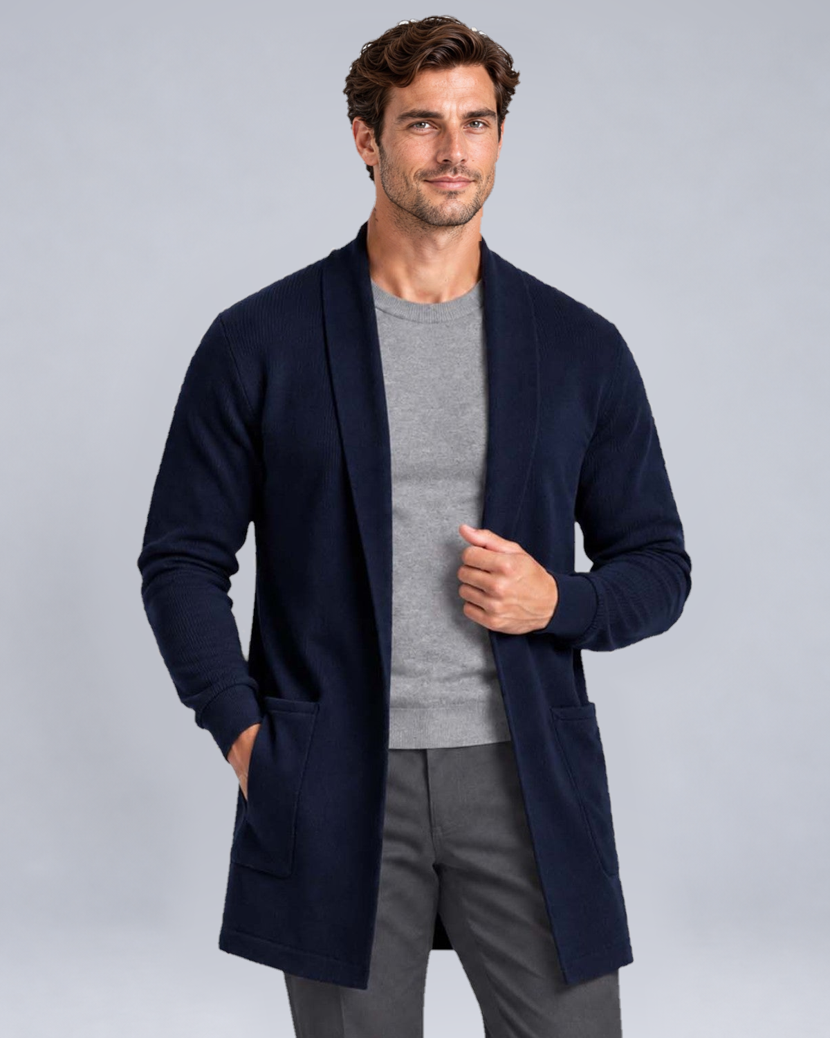 Men's Open-Front Longline Knit Cardigan in Navy