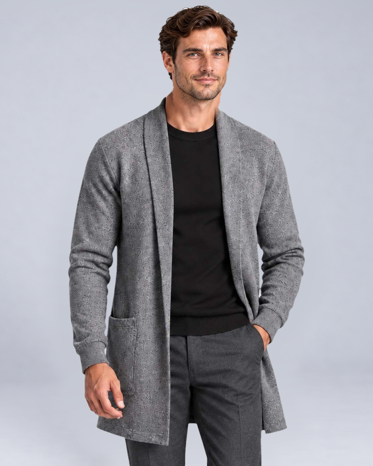 Men's Open-Front Longline Knit Cardigan in Grey
