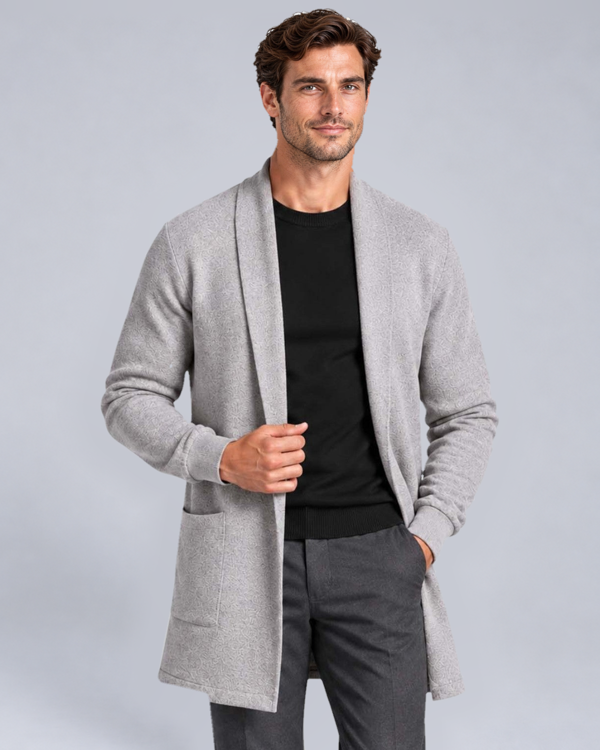 Men's Open-Front Longline Knit Cardigan in Light Grey