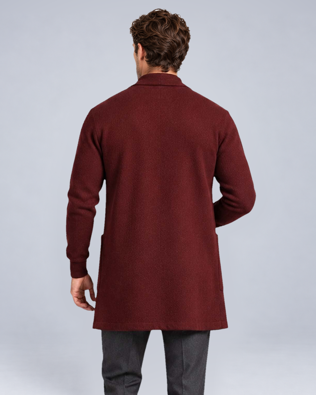 Men's Open-Front Longline Knit Cardigan in Burgundy - rear view