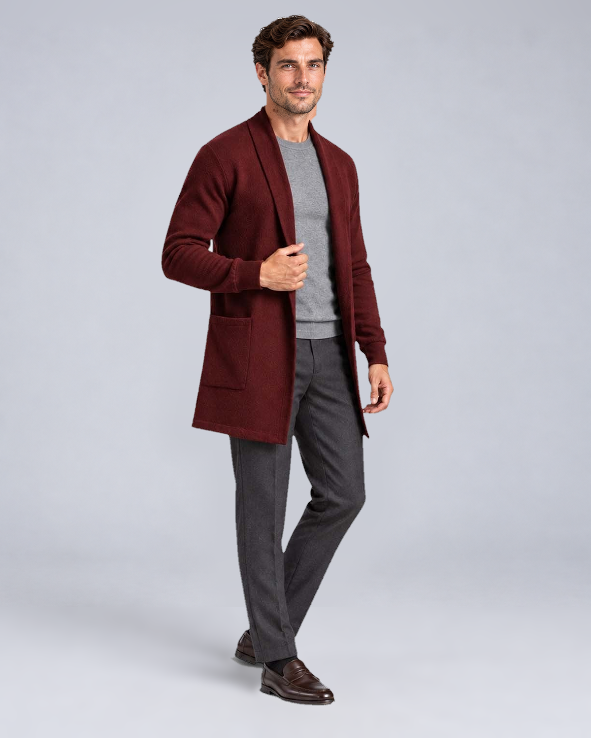 Men's Open-Front Longline Knit Cardigan in Burgundy - three-quarter full length