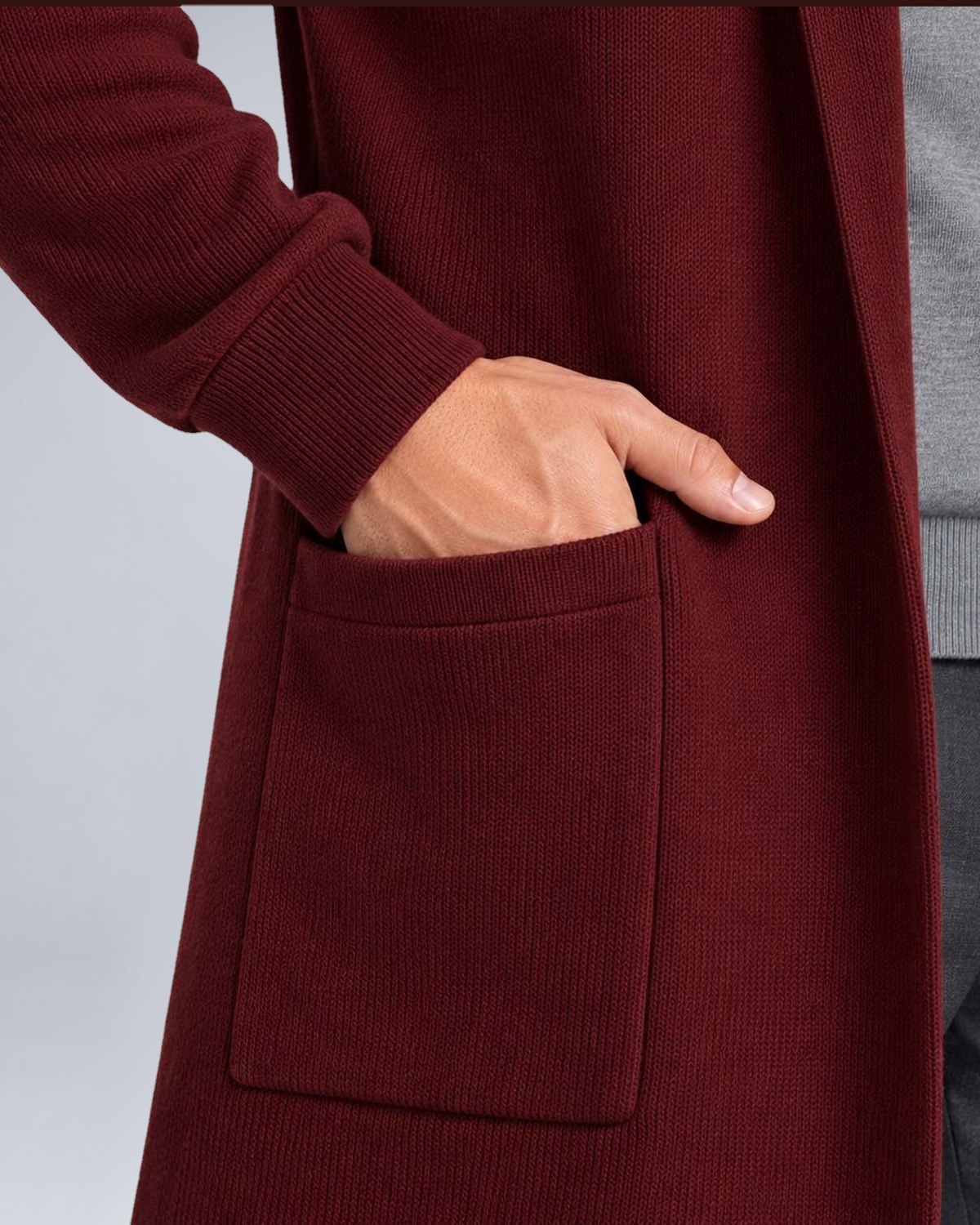Men's Open-Front Longline Knit Cardigan in Burgundy - pocket and cuff detail