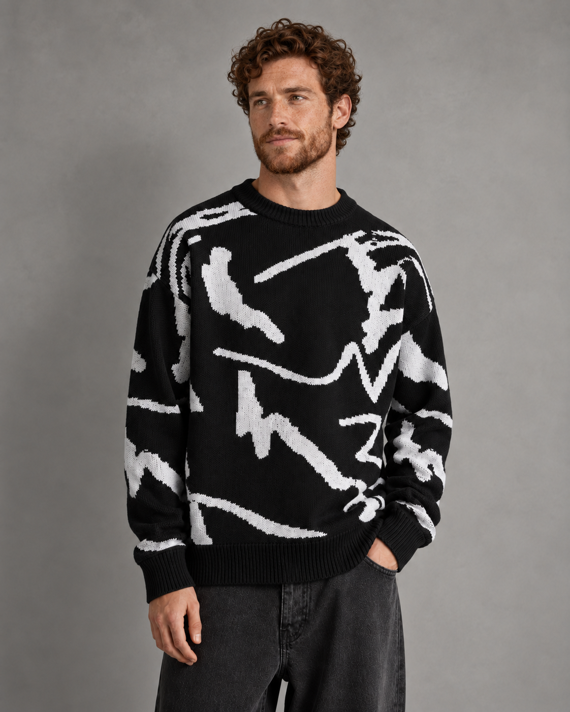Avery & Mercer men's abstract graphic knit jumper, black front