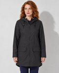 Avery & Mercer model wearing women's long waterproof hooded raincoat in Black, front view