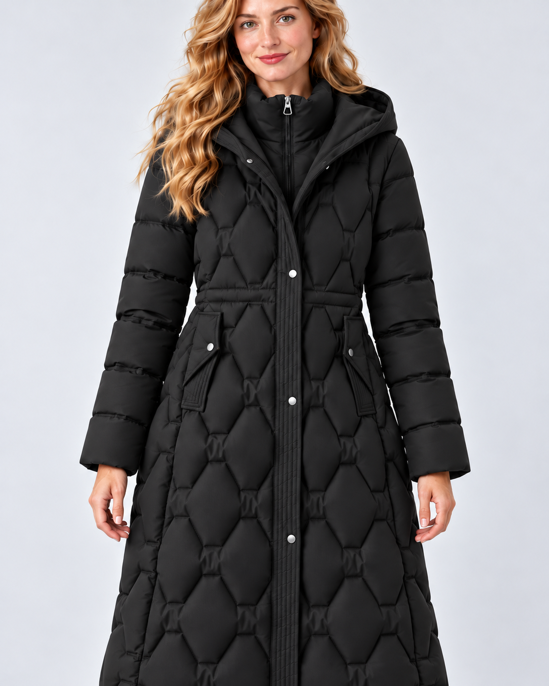 Women's Longline Hooded Quilted Down Coat in Black, own-model detail view