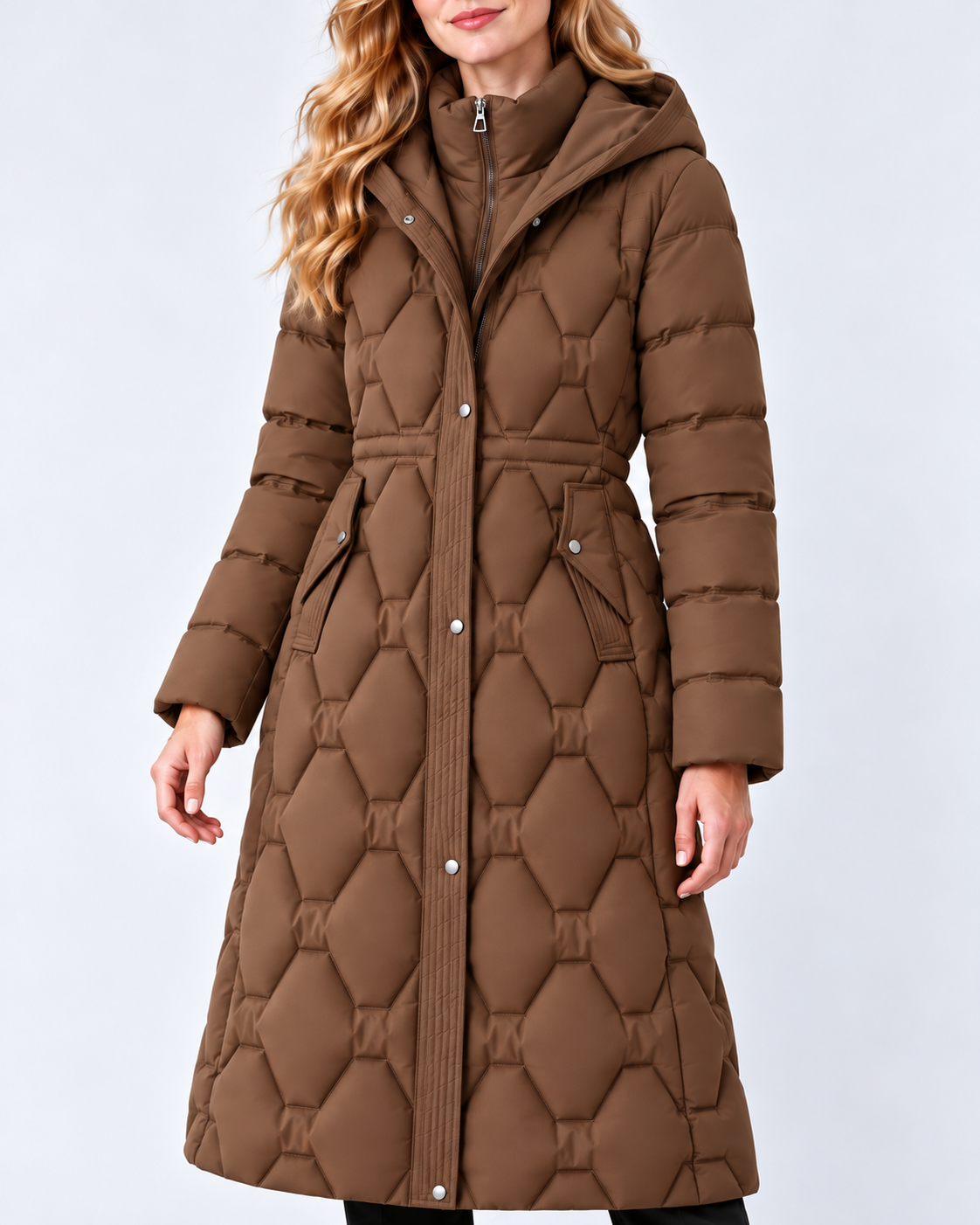 Women's Longline Hooded Quilted Down Coat in Brown, own-model detail view