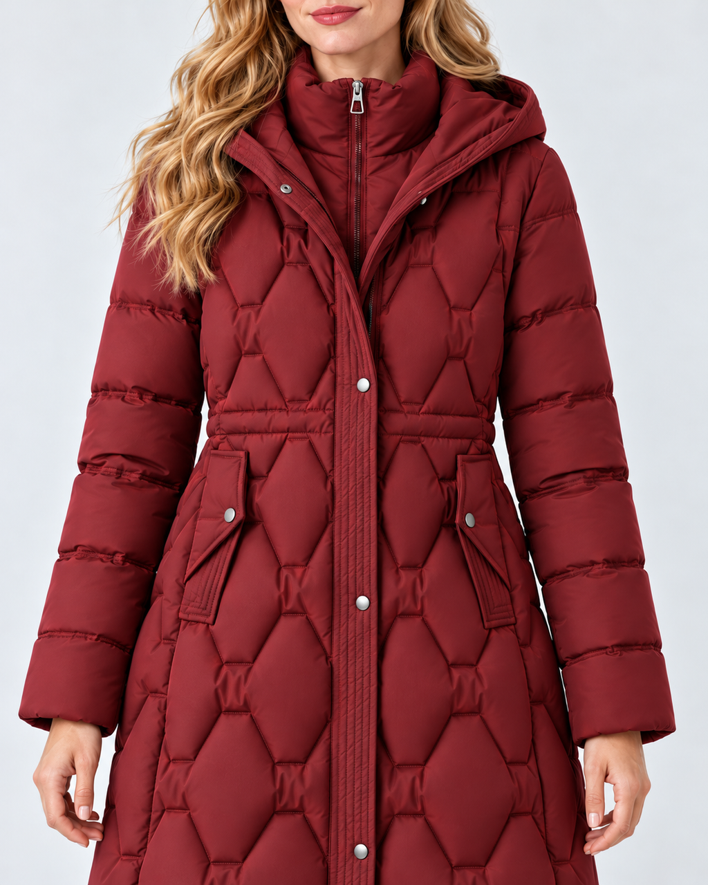 Women's Longline Hooded Quilted Down Coat in Red, own-model detail view