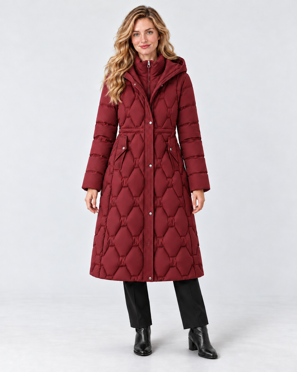 Women's Longline Hooded Quilted Down Coat in Red, front model view