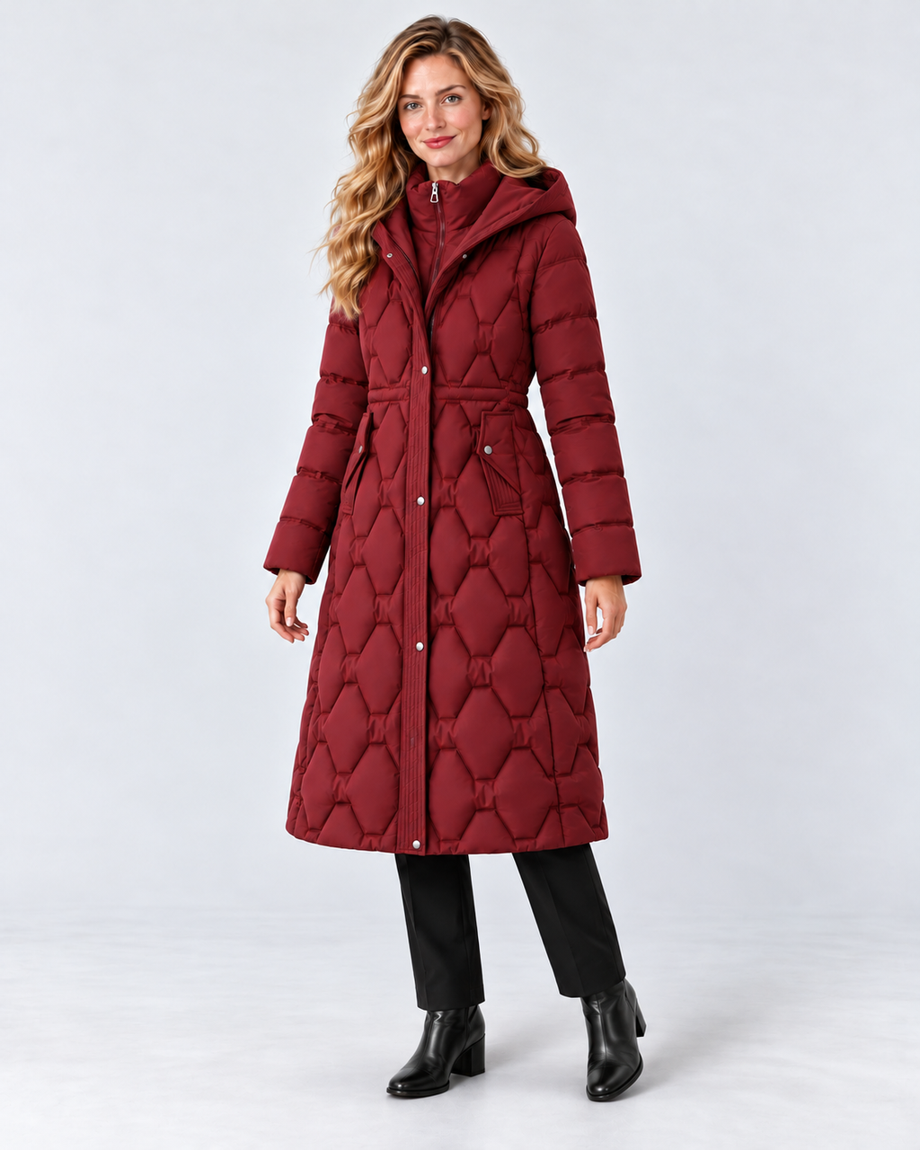 Women's Longline Hooded Quilted Down Coat in Red, three-quarter front model view