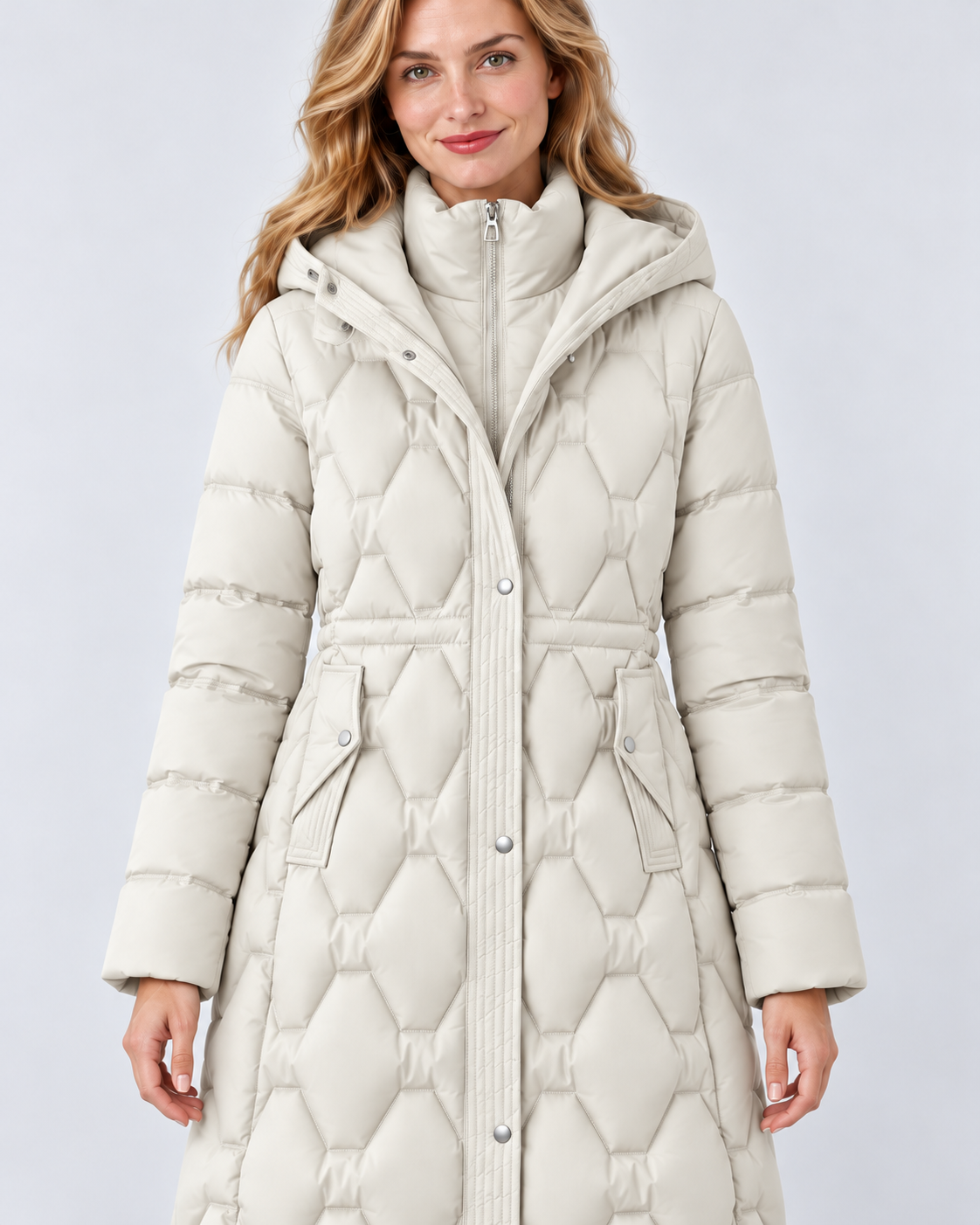 Women's Longline Hooded Quilted Down Coat in White, own-model detail view