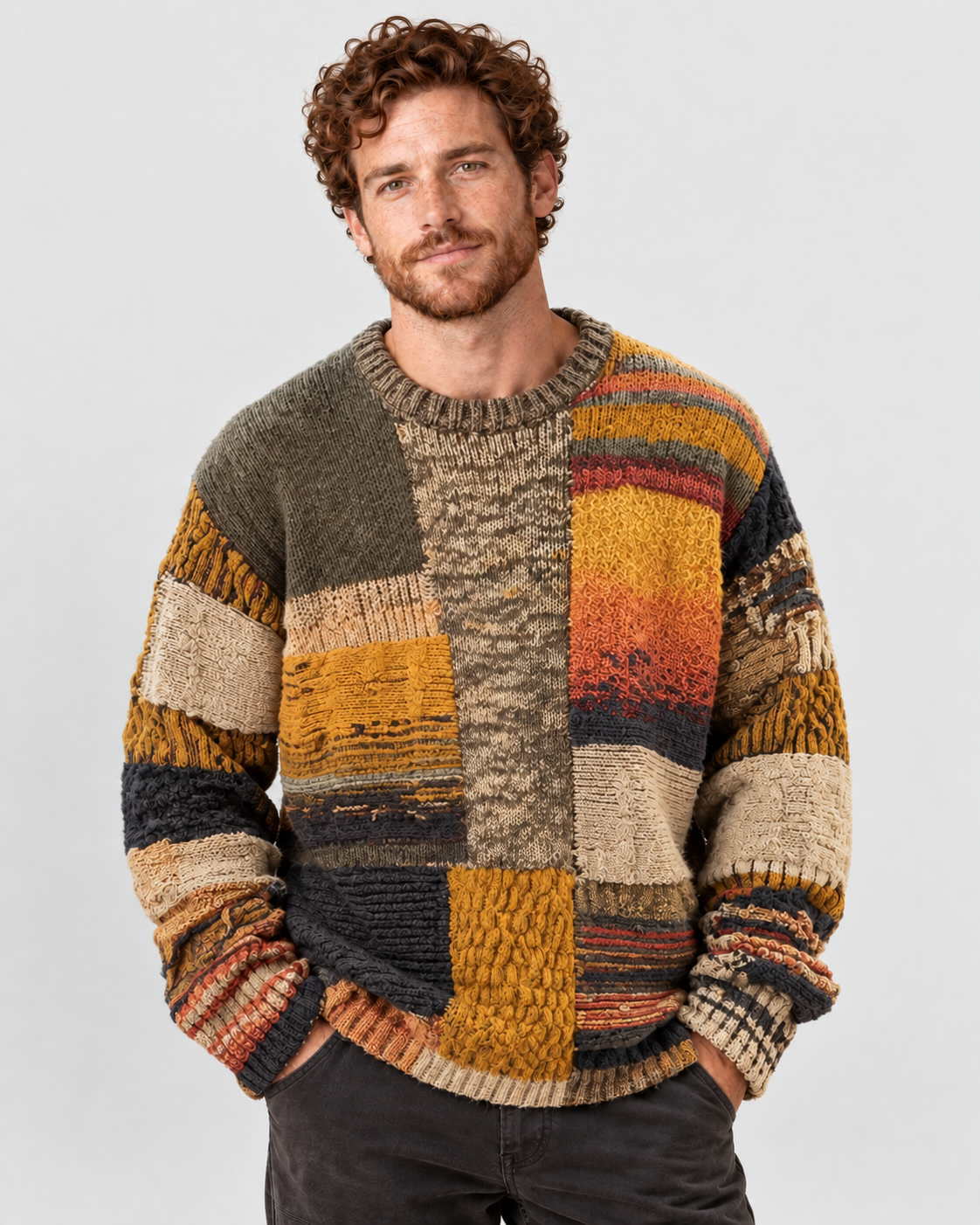 Men's Chunky Knit Jumper with Patchwork Colourblock Panels, Multicolour front model view