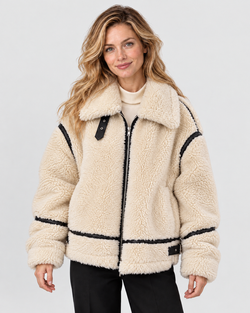 Avery & Mercer model wearing the Khaki oversized teddy jacket with contrast trim, front view