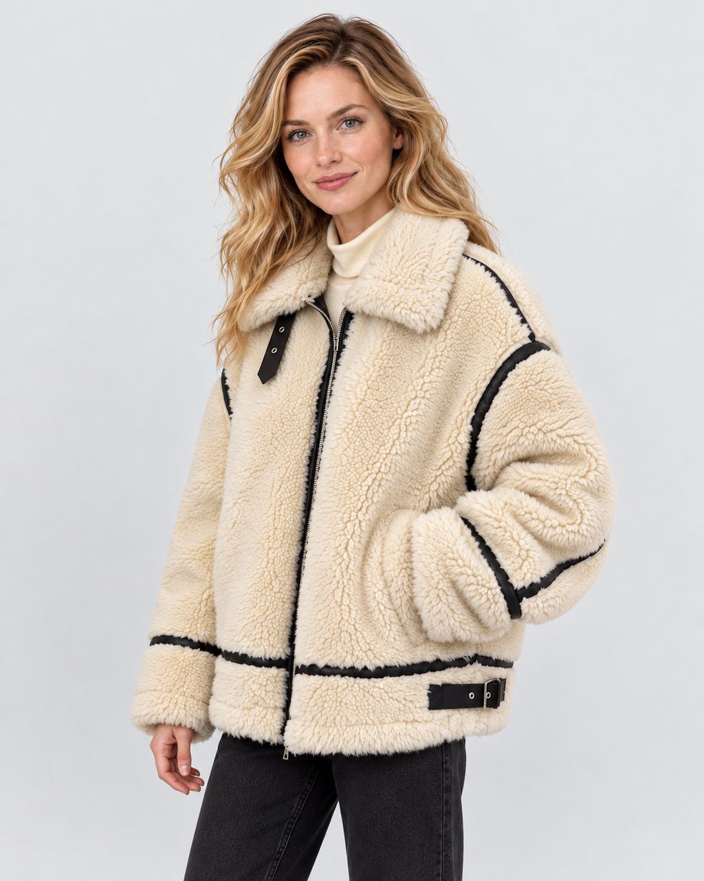 Avery & Mercer model wearing the Khaki oversized teddy jacket with contrast trim, three-quarter front view