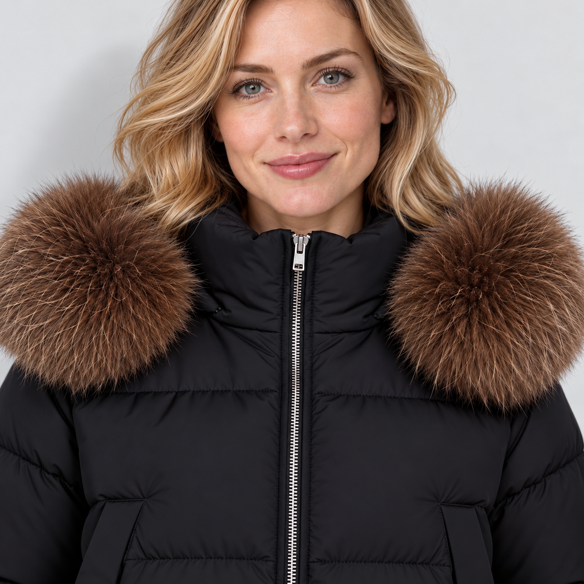 Women's cropped puffer jacket in black, collar view on Avery Mercer model W01
