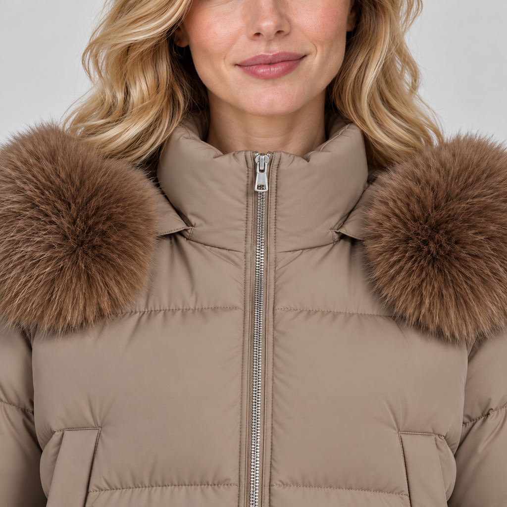 Women's cropped puffer jacket in camel, collar view on Avery Mercer model W01
