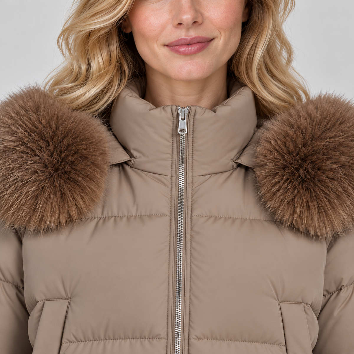 Women's cropped puffer jacket in camel, collar view on Avery Mercer model W01