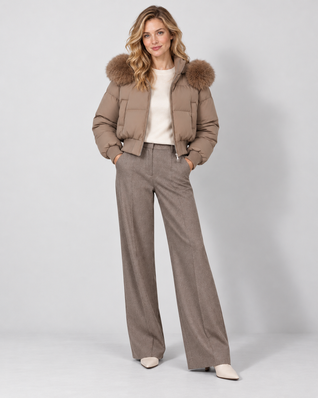 Women's cropped puffer jacket in camel, full view on Avery Mercer model W01