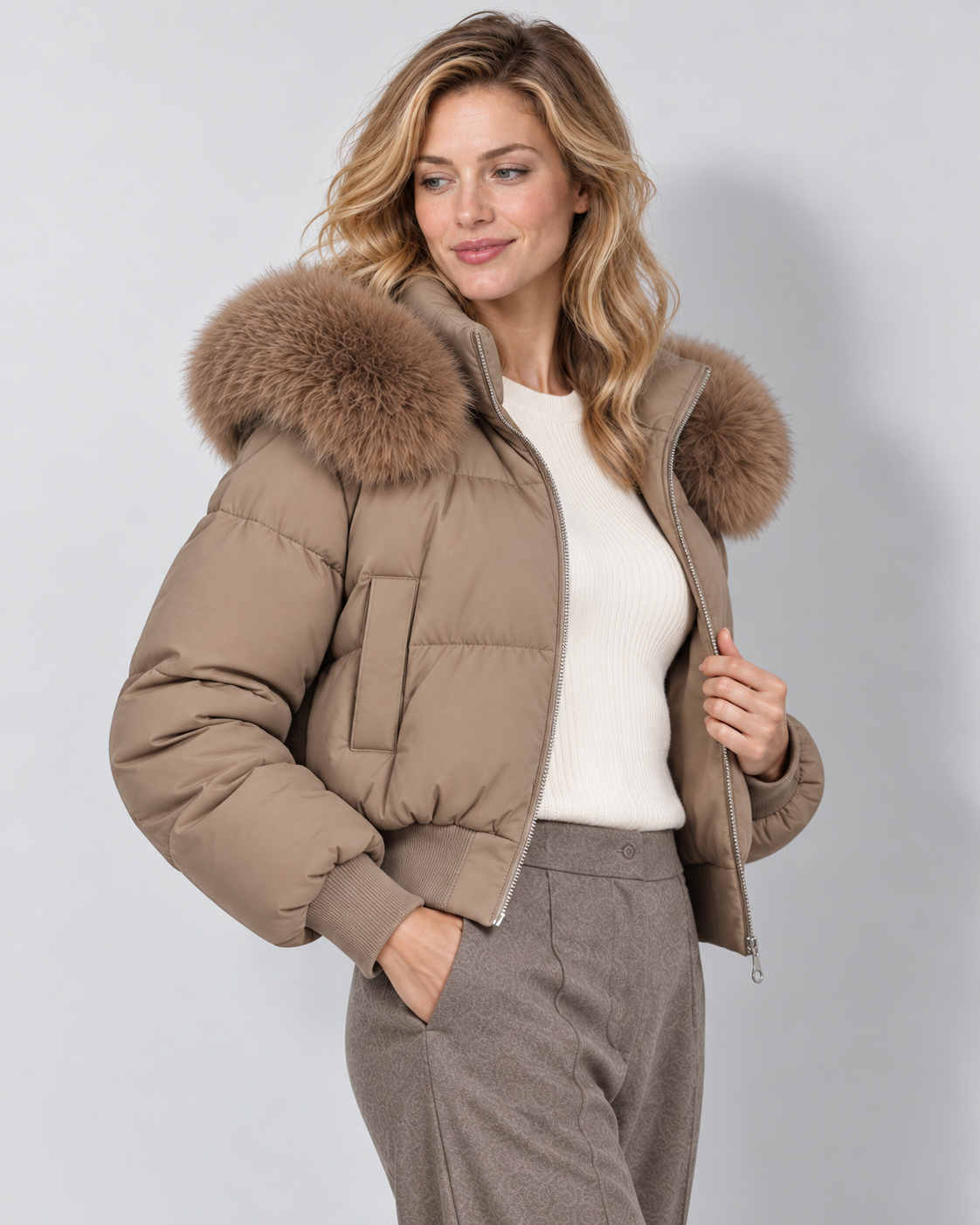 Women's cropped puffer jacket in camel, open view on Avery Mercer model W01