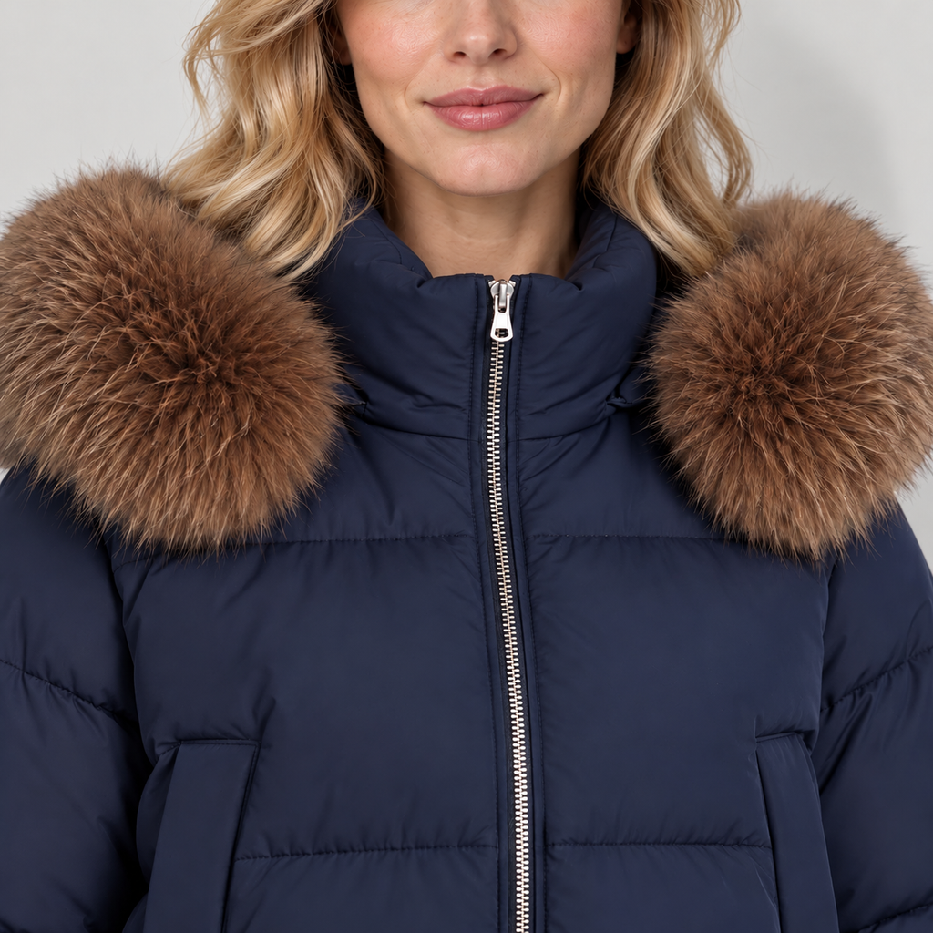 Women's cropped puffer jacket in navy, collar view on Avery Mercer model W01