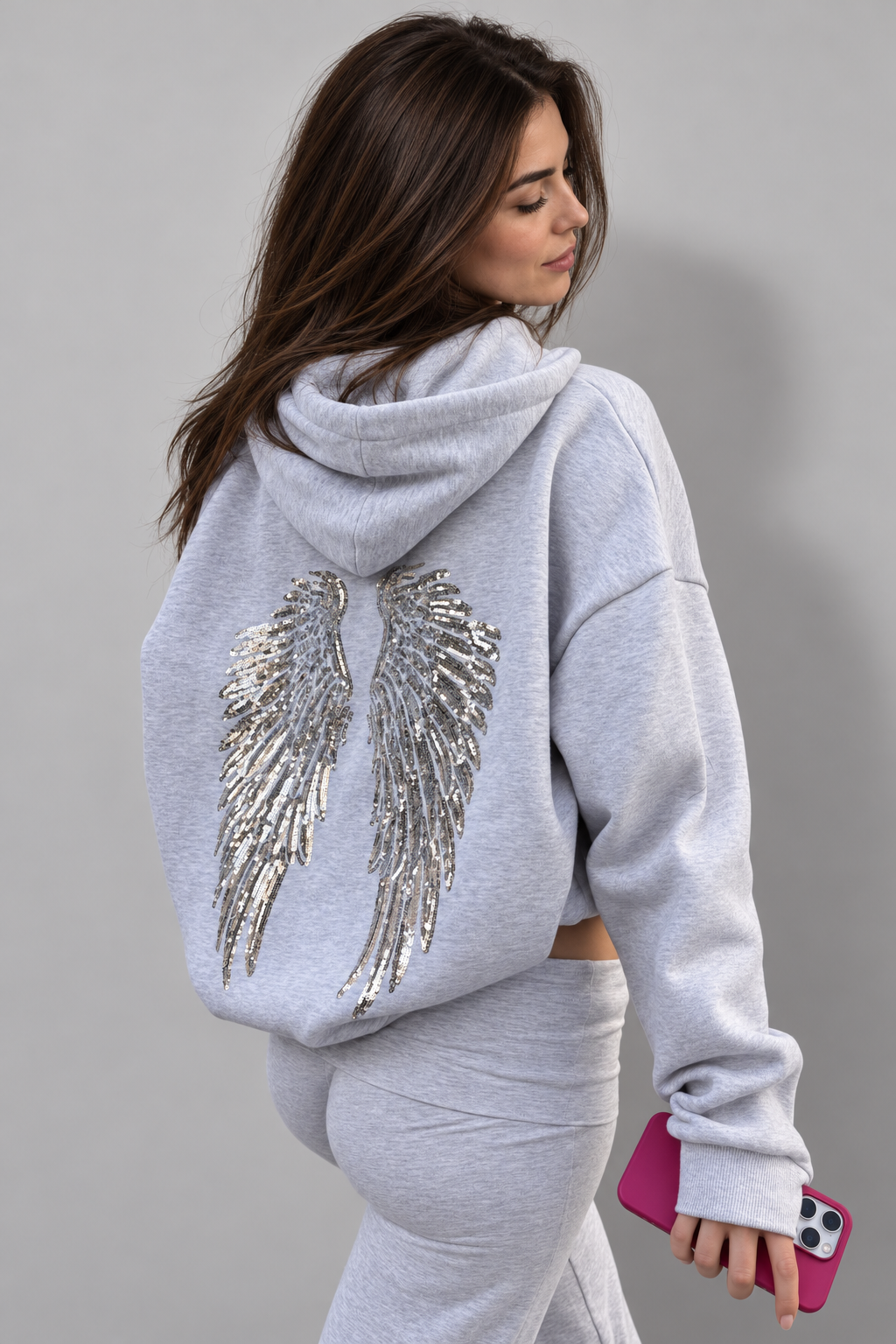 Avery & Mercer women's Gray sequin wing hoodie, rear hero