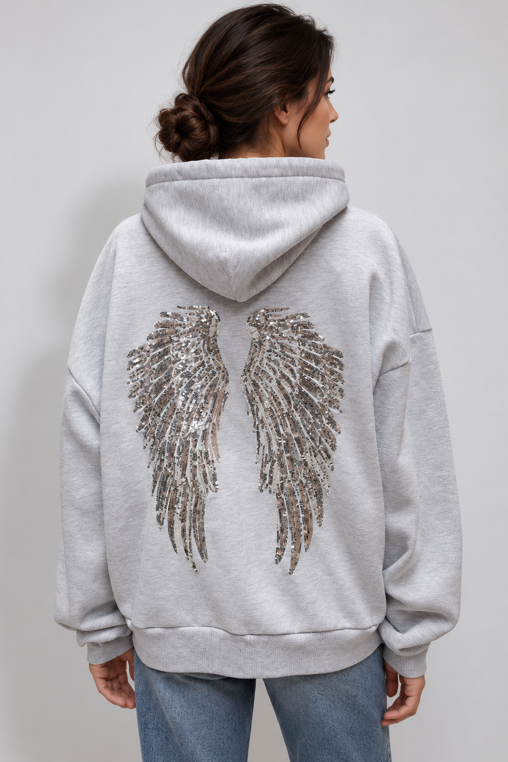 Avery & Mercer women's Gray sequin wing hoodie, rear straight
