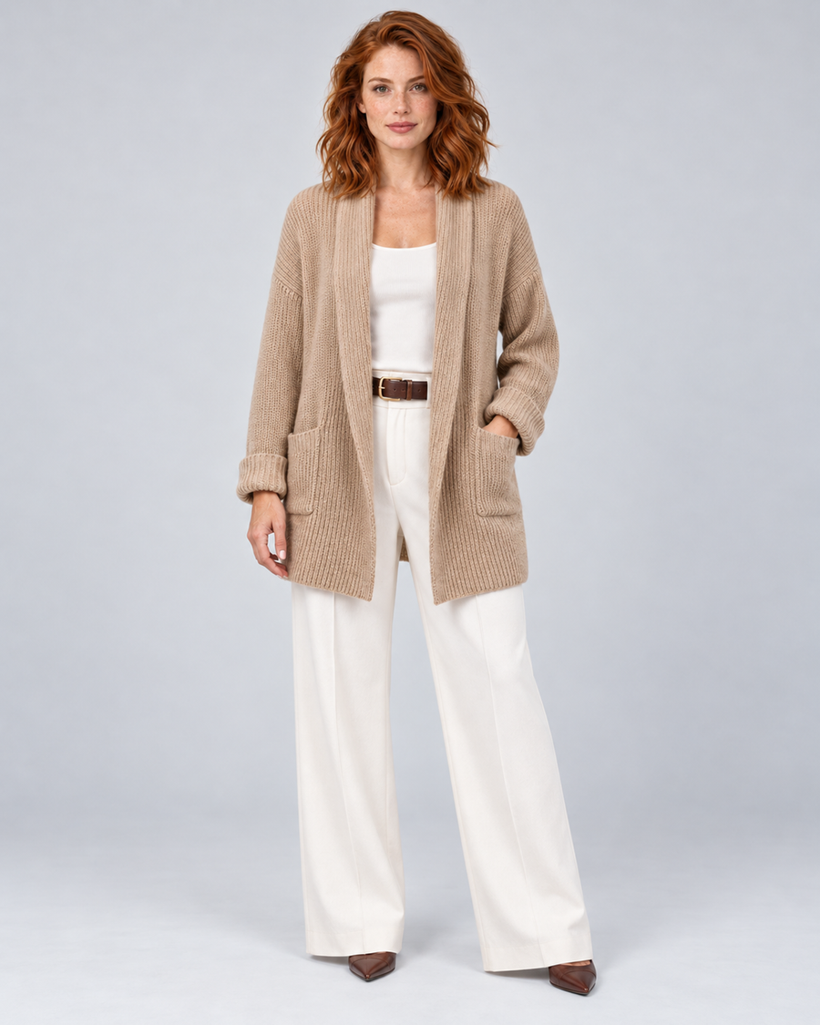 Women's longline open-front knit cardigan in brown, front hero, on approved studio model