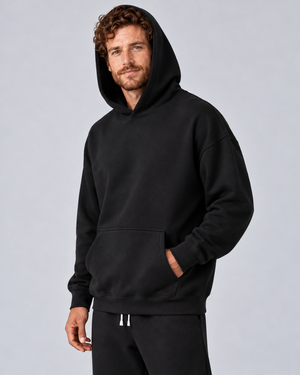 Men's black pullover hoodie and jogger co-ord set, hood-up three-quarter supporting view, on approved studio model