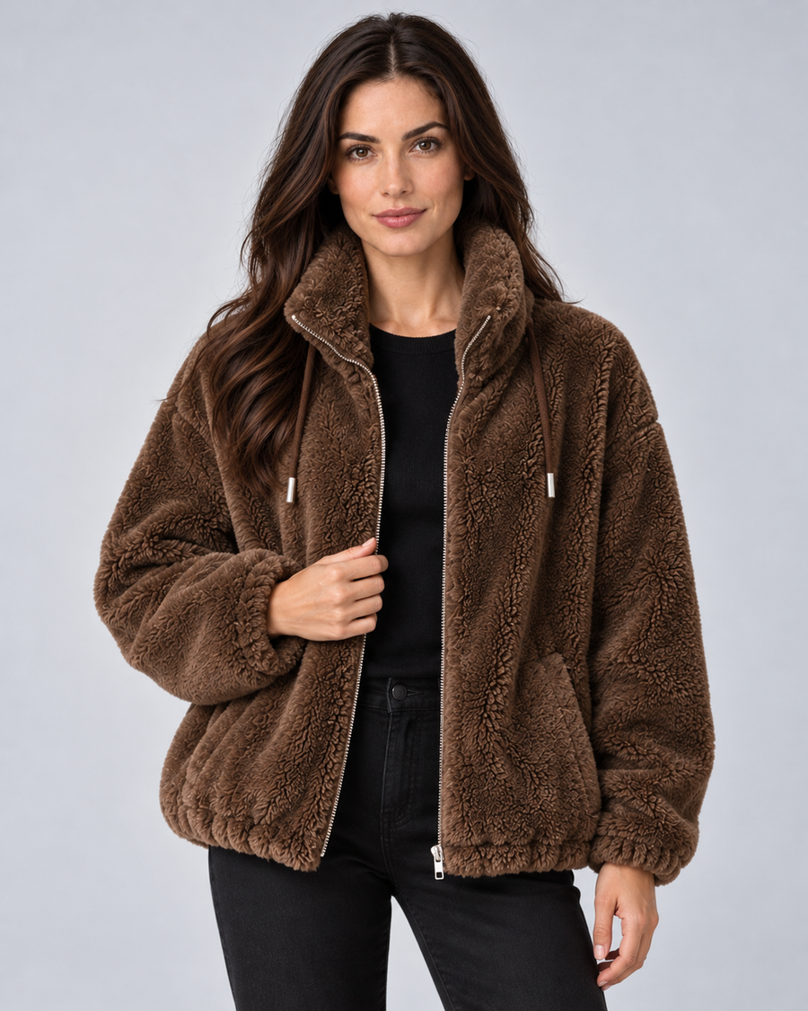 Women's plush fleece stand-collar zip jacket in dark brown, front hero, on studio model