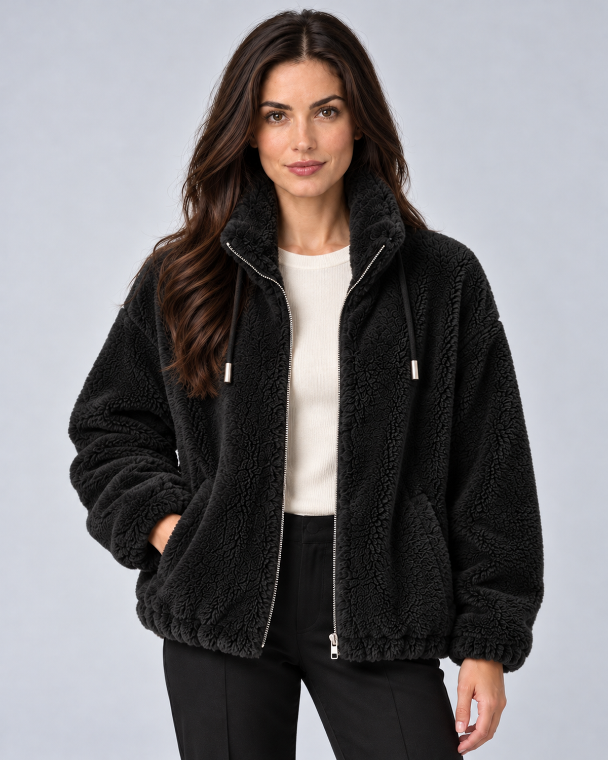 Women's plush fleece stand-collar zip jacket in black, front hero, on studio model