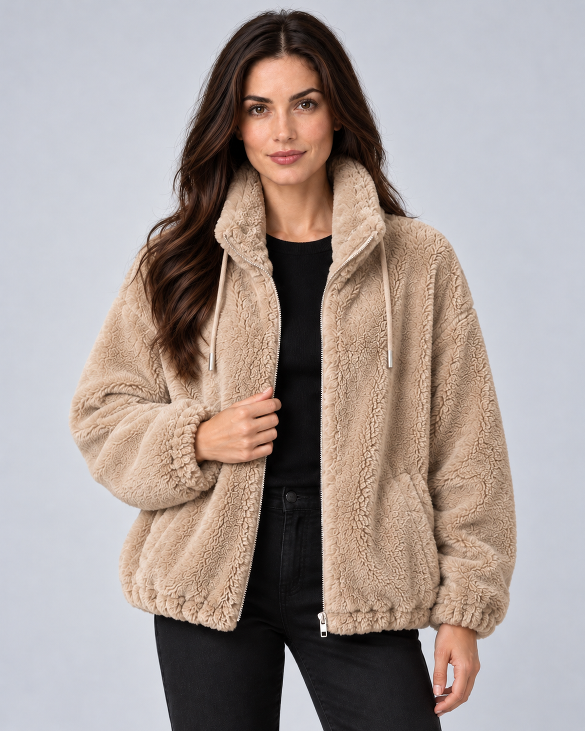 Women's plush fleece stand-collar zip jacket in khaki, front hero, on studio model