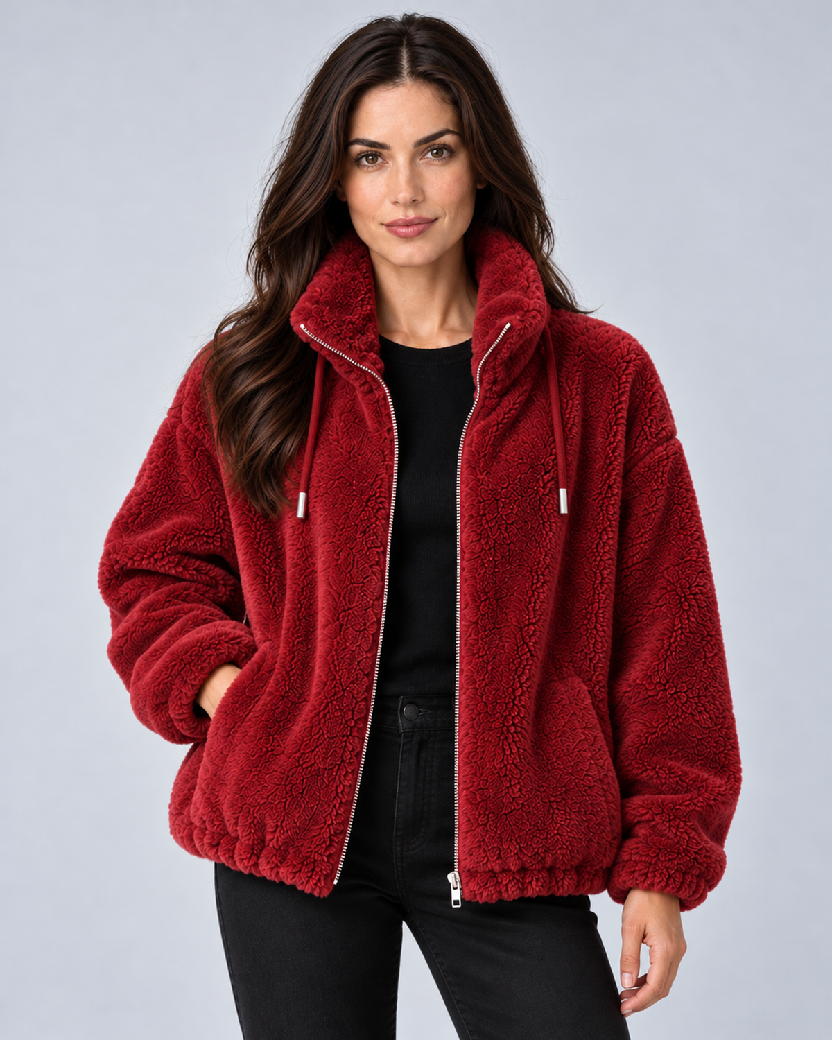 Women's plush fleece stand-collar zip jacket in red, front hero, on studio model