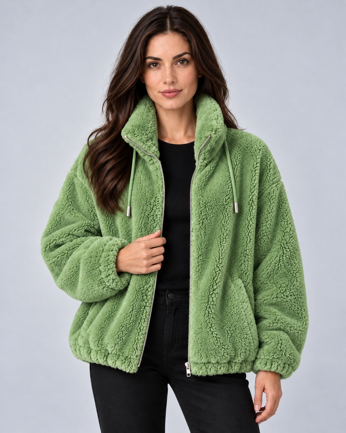 Women's plush fleece stand-collar zip jacket in green, front hero, on studio model