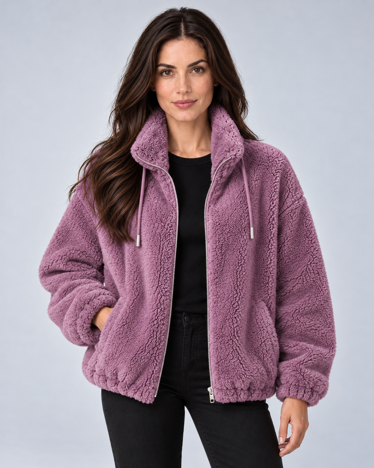 Women's plush fleece stand-collar zip jacket in purple, front hero, on studio model